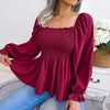 Casual Squared Neck Pleated Ruffle Trim Solid Blouse,Lantern Sleeve Shirt, Women's Clothing