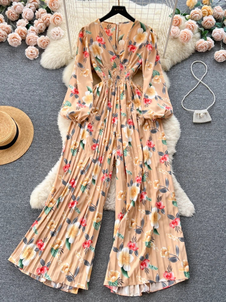 Women Elegant Vintage Beach Party Jumpsuit Autumn V-neck Lantern Sleeve Pleated Print High Waist Slim Wide Leg Pants for Women