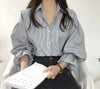 Seoulish Vintage Striped Women's Shirts Autumn Elagant Lantern Long Sleeve Turndown Collar Single Breasted Women's Blouses Tops