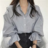 Seoulish Vintage Striped Women's Shirts Autumn Elagant Lantern Long Sleeve Turndown Collar Single Breasted Women's Blouses Tops