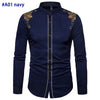 Gold Embroidery White Shirt Men Brand New Stand Collar Mens Dress Shirts Casual Slim Long Sleeve Chemise Homme Camisa Masculina