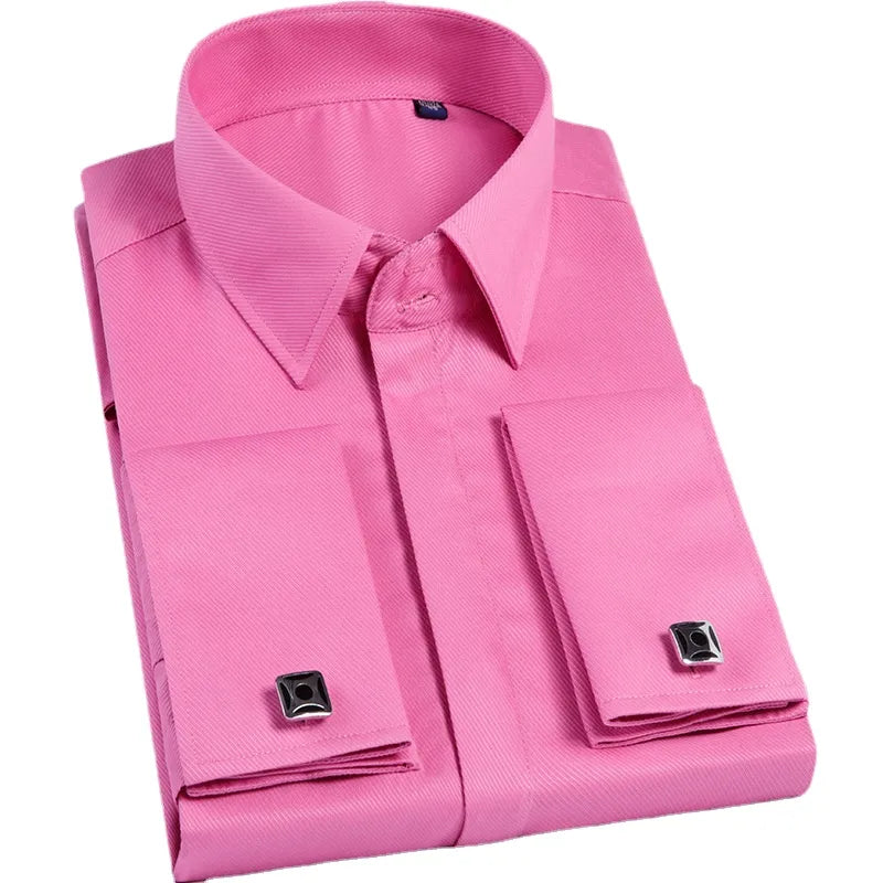 Quality Pink Men French Cufflinks Shirt Men's Shirt Long Sleeve Casual Male Brand Shirts Slim Fit French Cuff Dress Shirts