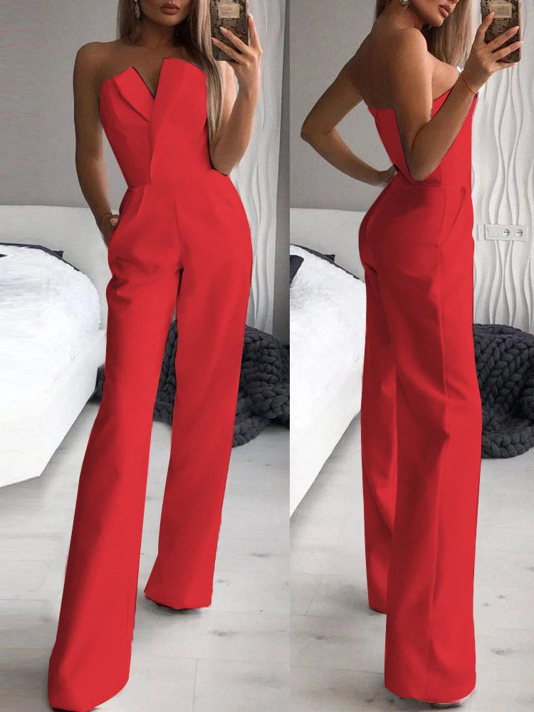 Fitshinling Strapless Elegant Jumpsuits Full Length For Women Fashion Slim Sexy Wide Leg Long Overalls Female Clothing Playsuit