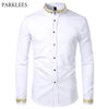 Gold Embroidery White Shirt Men Brand New Stand Collar Mens Dress Shirts Casual Slim Long Sleeve Chemise Homme Camisa Masculina