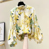 Women's Clothing Korean Fashion Floral Print Stand Collar Blouse Spring Autumn Lantern Sleeve All-match Chiffon Shirt for Female