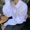 Korean Bubble Sleeve Pleated Blouse Spring Autumn New Long Sleeve Polo Neck White Shirt Tops Temperament Fashion Women Clothing