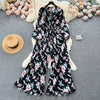 Spring and Autumn Retro V-neck Floral Long-sleeved Jumpsuit Women's Lantern Sleeves Pleated Niche Design Waist Wide-leg Pants