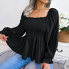 Casual Squared Neck Pleated Ruffle Trim Solid Blouse,Lantern Sleeve Shirt, Women's Clothing