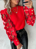 Women Embroidery Floral Patchwork Blouse Shirts Spring Female O-Neck One Button Back Long Lantern Sleeve OL Blouse Tops