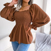 Casual Squared Neck Pleated Ruffle Trim Solid Blouse,Lantern Sleeve Shirt, Women's Clothing
