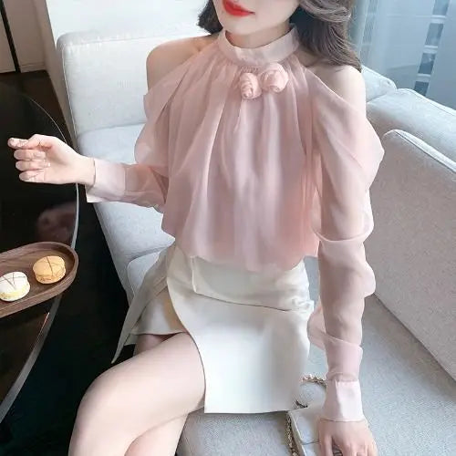 Korean Commute Spring Summer New Chiffon Blouses Women's Solid Round Neck Off Shoulder Ruched Fashion Loose Long Sleeve Shirts