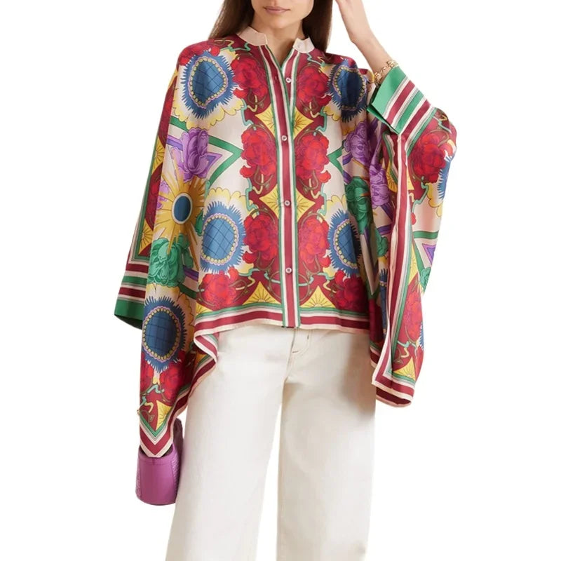 Modigirl Stylish Selection Batwing Sleeves Flower Print Stand Collar Blouses Women Spring Summer High-low Buttoned Shirts Tops