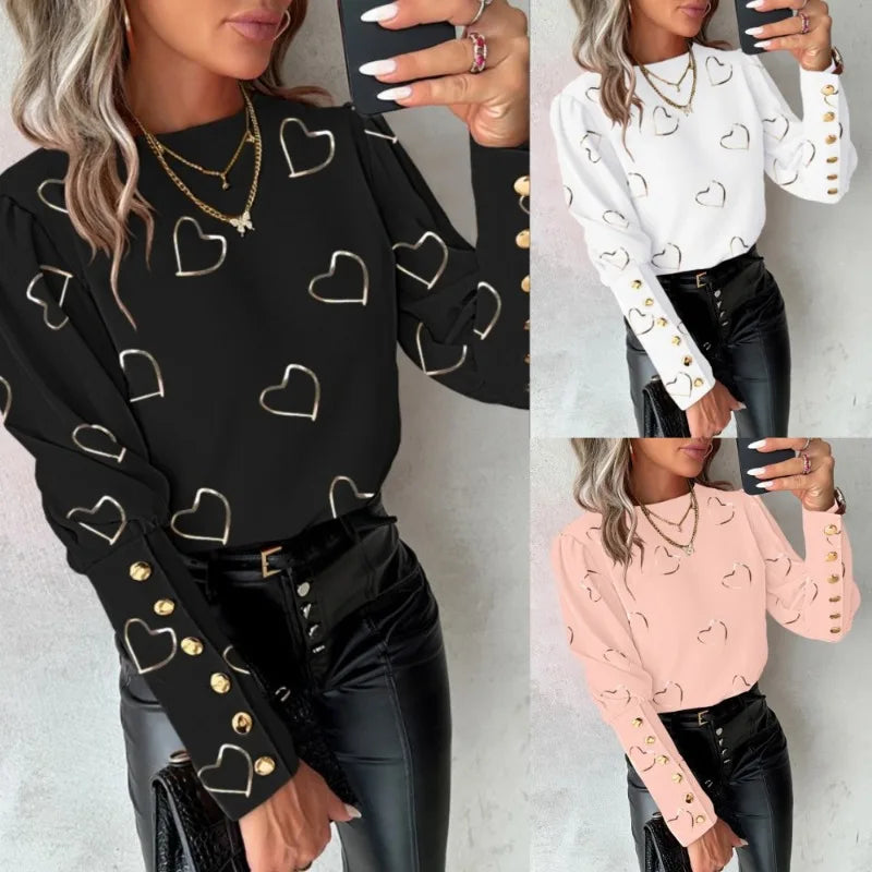 Women Printed Single Breasted Pullover Shirt 2024 Spring Autumn Blouse Tops Women's Elegant Slim Fit Lantern Sleeve O-Neck Shirt