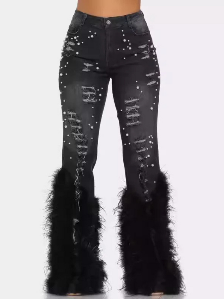 High-Waist Y2K Tassel & Feather Denim Jeans