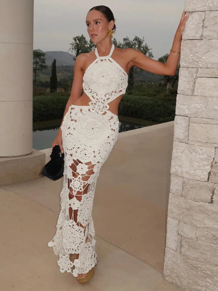 Chic Flower Halter Knitted Maxi Dress